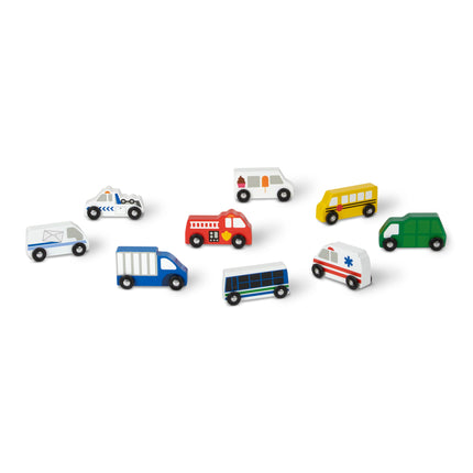 Melissa & Doug Set de vehículos de madera para la ciudad (bandeja de madera para guardar, 9 piezas)