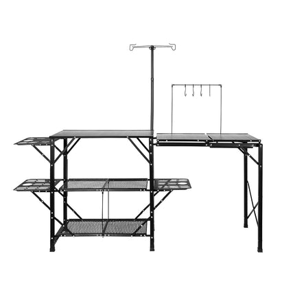 VEVOR Camping Kitchen Table, One-Piece Folding Portable Cook Station with A Carrying Bag, Long Aluminum Camping Table 3 Side Tables, 2 Shelves & A Detachable Sink for Outdoor Picnics, BBQs, Camping