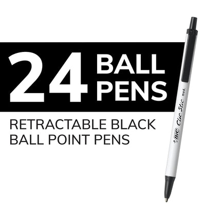 Bic Clic Stic Black Retractable Ballpoint Pens, Medium Point (1.0mm), 24-Count Pack, Round Barrel Design for Comfortable Writing