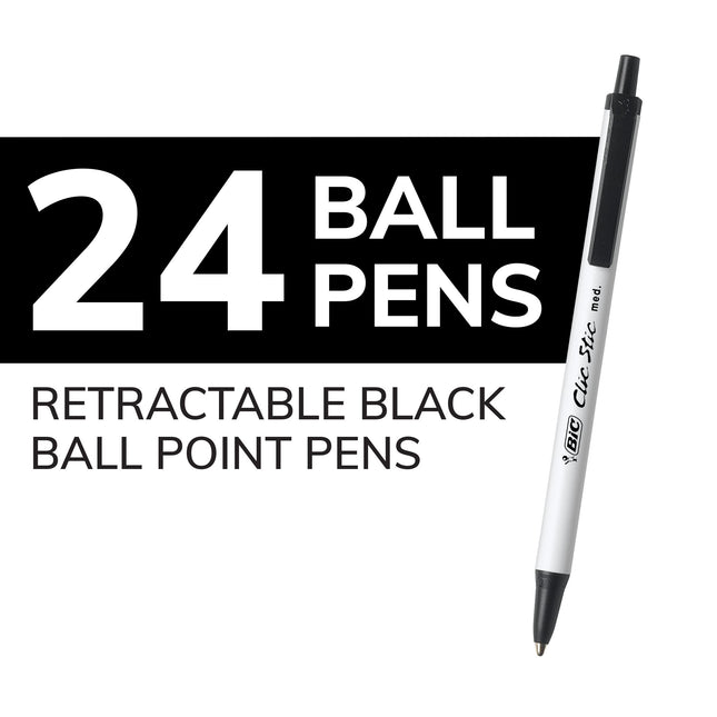 Bolígrafos retráctiles Bic Clic Stic negros, punta mediana (1.0 mm), paquete de 24 unidades, diseño de barril redondo para una escritura cómoda