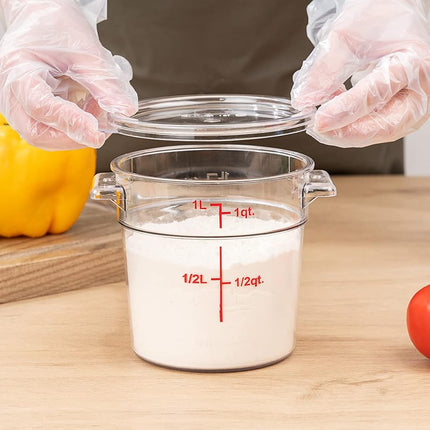 Restaurantware-Met Lux 1 Quart Food Storage Container, 1 Round Commercial Storage Container - Lid Sold Separately, with Volume Markers, Clear Plastic Food Prep Bucket, Space-Saving Storage