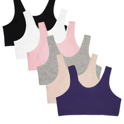 Sujetador deportivo elástico de algodón Fruit of the Loom para niñas, paquete de 6 unidades, arándano/negro/gris/blanco/arena/rosa, talla 36