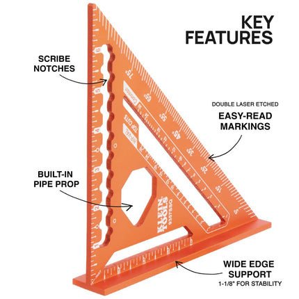 Klein Tools 9357SSQ Rafter Square, 7-Inch, Double Laser Etched Aluminum, Multi-Functional, Carpenter Measuring Layout Tool, Triangle Ruler for Woodworking