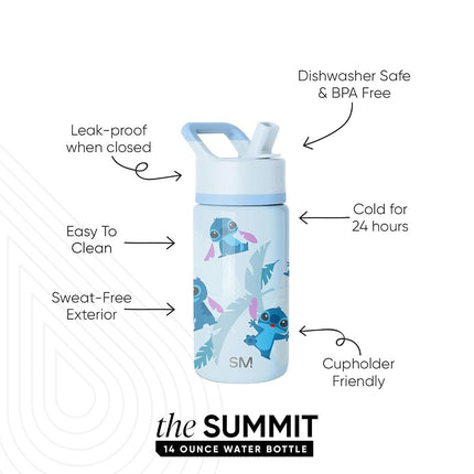 Simple Modern Disney Stitch Water Bottle with Straw Lid | Reusable Insulated Stainless Steel Cup for School | Summit Collection | 14oz, Tropical Stitch
