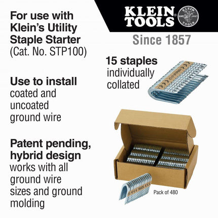 Heavy Duty Staples, Install Coated Ground Wire and Molding, for Klein's Utility Staple Starter Cat. No. STP100, 480-Pack Klein Tools STP001