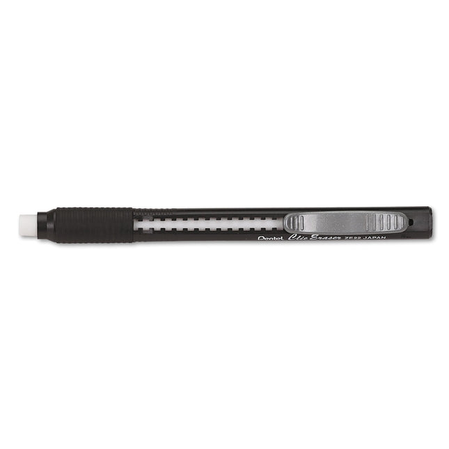 Pentel Clic Eraser, retráctil, clip de bolsillo, agarre de goma, barril negro (PENZE22A)