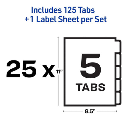 AVERY 5-Tab Unpunched Binder Dividers, Easy Print & Apply Clear Label Strip, Index Maker, White Tabs, 25 Sets (11443)