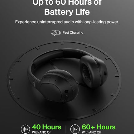 Belkin SoundForm Isolate Bluetooth Over-Ear Headphones - Hybrid Active Noise Cancelling Headphones - Wireless w/ 60H Playtime, Fast Charging & CloudCushion Ear Cups for Travel, Home, or Office - Black