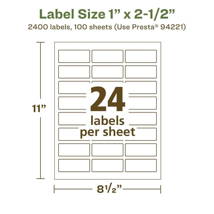 Etiquetas rectangulares recicladas Avery EcoFriendly de papel mate blanco, 2.5 x 6.35 cm, etiquetas mate blancas, adhesivo permanente, imprimibles con láser/inyección de tinta, 2,400 en total