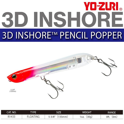 Yo-Zuri 3D Inshore Pencil Popper, 5-3/8in, 1oz, Floating, Pearl Candy