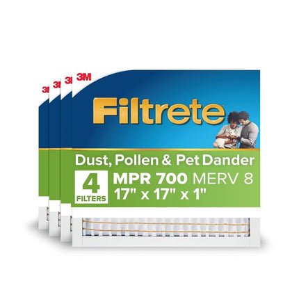 Filtro de aire electrostático Filtrete, 17x17x1, MPR 700, MERV 8, reducción de polvo, polen y caspa de mascotas Clean Living, filtros de aire plisados para horno HVAC de CA, 4 filtros