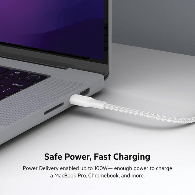 Belkin USB Type C to C Cable, 100W Power Delivery USB-IF Certified 2.0 USB C Charger Cable with Double Braided Nylon Exterior for iPhone 16, 15, iPad, MacBook, Galaxy, Pixel and More -2 m, white