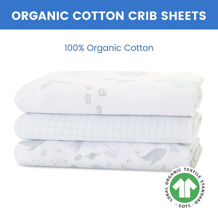 Delta Children Fitted Crib Sheets for Girls and Boys - 100% Organic Cotton Crib Sheet for Standard Crib and Toddler Mattresses - 28x52 Inch - GOTS Certified (Pack of 3), Sea Life
