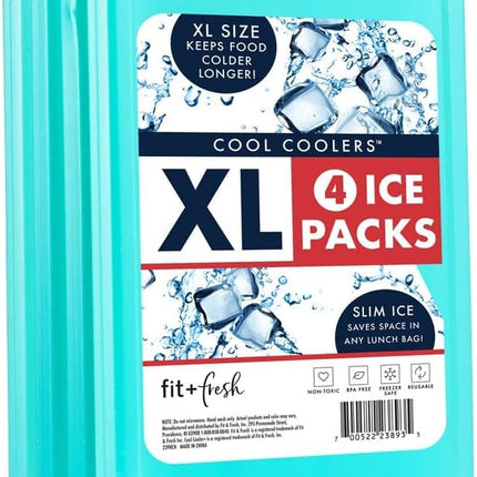 Cool Coolers by Fit & Fresh 4 Pack XL Slim Ice Packs, Quick Freeze Space Saving Reusable Ice Packs for Lunch Boxes, Lunch Bags or Coolers, Green