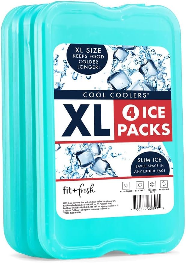 Cool Coolers by Fit & Fresh 4 Pack XL Slim Ice Packs, Quick Freeze Space Saving Reusable Ice Packs for Lunch Boxes, Lunch Bags or Coolers, Green