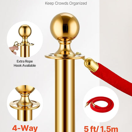 VEVOR Stanchion Post, 4 Pcs Crowd Control Barrier Set with 2 Red Velvet Ropes, 5 ft Stainless Steel Gold Stanchion Post Queue with Sand Injection Hollow Base for Theater, Party, Wedding, Exhibition