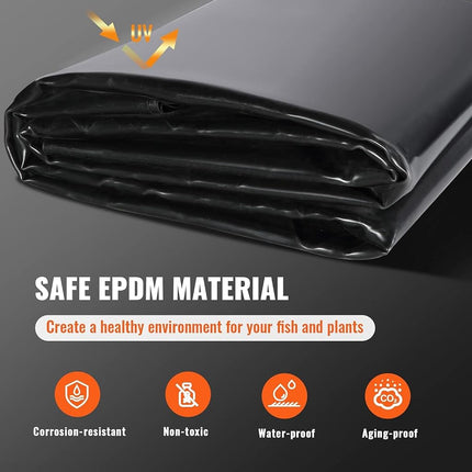 VEVOR 15 x 20 ft Pond Liner, 45 Mil Thickness, Pliable & Durable EPDM Material, Easy Cutting Underlayment for Fish or Koi,Waterfall, Fountains, Water Gardens, Black