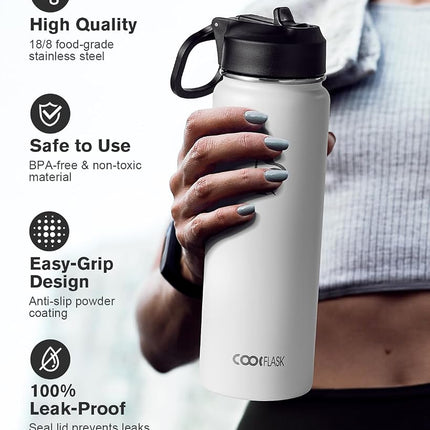 Coolflask 4 L Water Bottle Insulated with Straw&3 Lids, One Gallon Water Jug Large Stainless Steel Metal Vacuum Wide Mouth for Sports, Gym or Office, Non-BPA Keep Cold 48H Hot 24H, White