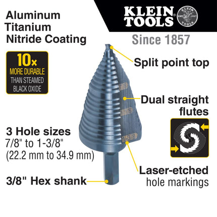 Step Drill Bit #15 Double Fluted 7/8 To 1-3/8-Inch KLEIN TOOLS KTSB15
