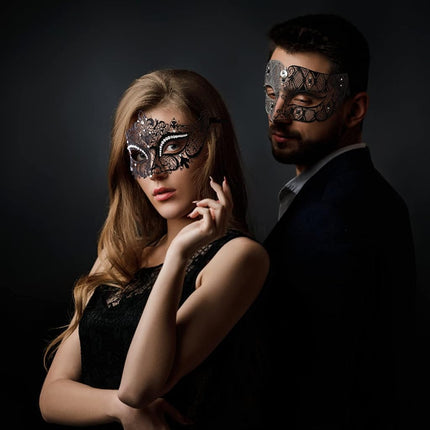Couples Venetian Laser Cut Masquerade Mask,Halloween Mardi Gras Party Mask (Black & black)