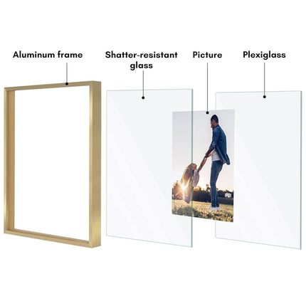 Americanflat Aluminum 11x14 Floating Picture Frame Set of 2 in Gold - Use as 11x14 Picture Frame or 8x10 Floating Frame - Photo Frame with Slim Metal Molding and Plexiglass with Hanging Hardware
