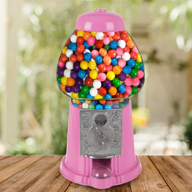 15� Gumball Machine with Coin Bank - Bubble Gum Machine Candy Dispenser with Glass Globe and Metal Base - Vintage Style Gum Ball Vending Dispenser by Great Northern Popcorn (Pink)