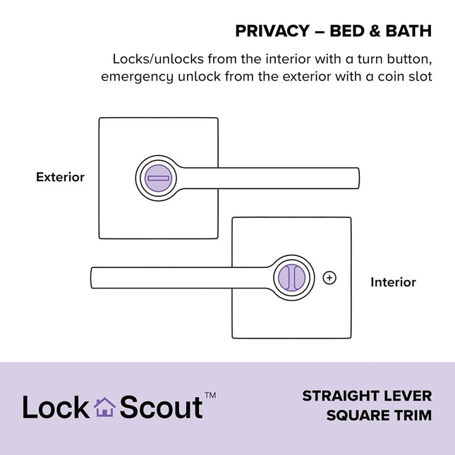 Lock Scout Straight Lever with Square Trim Bedroom and Bathroom Door Handle, Matte Black Finish
