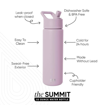 Simple Modern Water Bottle with Straw Lid Vacuum Insulated Stainless Steel Metal Bottles | Reusable Leak Proof BPA-Free Flask for Gym, Travel, Sports | Summit Collection | 22oz, Lavender Mist