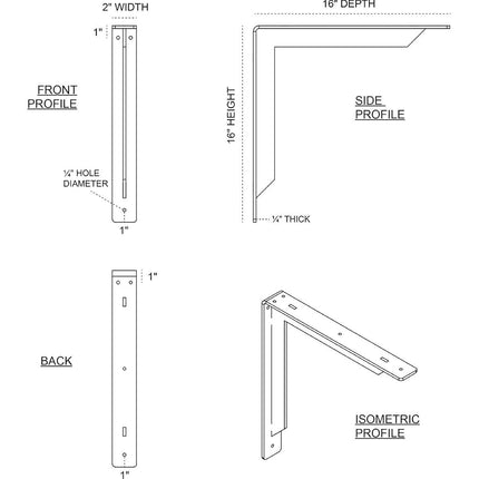 Ekena Millwork BKTM02X16X16STASV Steel Bracket Stockport, 2"W x 16"D x 16"H, Antiqued Silver