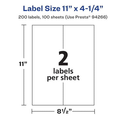 Avery Matte White Removable Rectangle Labels, 11" x 4.25", 200 Removable Labels, Laser/Inkjet Printable Labels