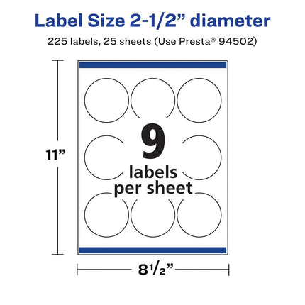 Avery Matte White Removable Round Labels with Sure Feed Technology, Print-to-The-Edge, 2.5" Diameter, 225 Removable Labels, Laser/Inkjet Printable Labels