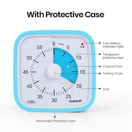 Yunbaoit Upgraded Visual Timer with Protective Case 60 Minute Countdown Timer for Kids with Low Power Indicator Light Clock Time Management Tool (Blue Blue)
