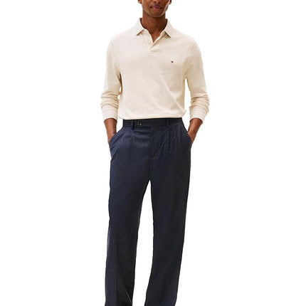 Tommy Hilfiger Men's Long Sleeve Polo Shirts in Regular Fit with Stretch and Organic Pique Cotton, Heathered Oatmilk, S