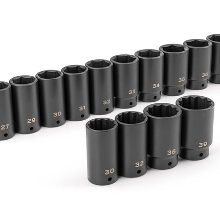 TEKTON 1/2 Inch Drive Deep 6-Point and 12-Point Axle Nut Impact Socket Set, 14-Piece (27-39 mm) | SID92002