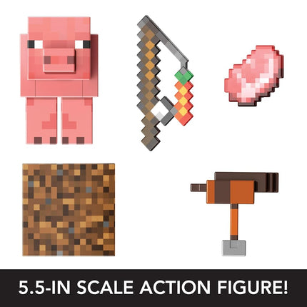 Minecraft Diamond Level Pig Action Figure with 4 Accessories, 5.5-in Collector Scale & Pixelated Design, HTM04