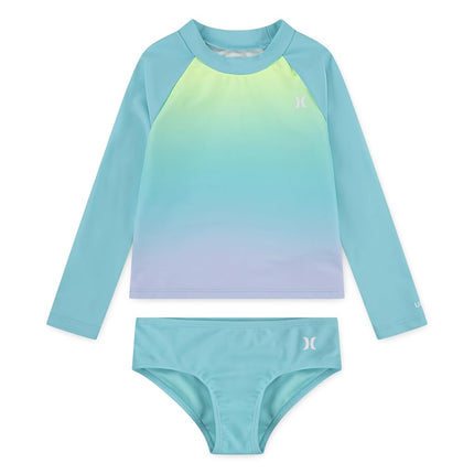 Hurley Girls' Long Sleeve Rash Guard 2-Piece Swimsuit, Aurora Green, 5