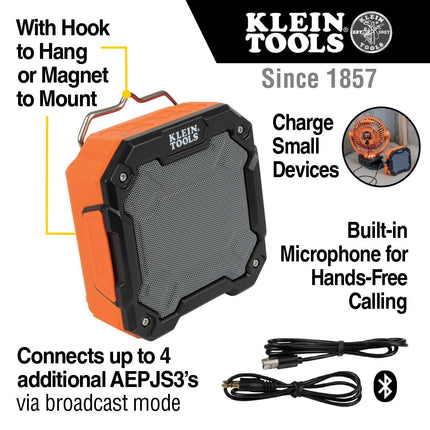 KLEIN TOOLS AEPJS3 Bluetooth Jobsite Speaker With Magnet and Hook, 20-Hr Run Time, Charge Via USB A or C, Pair Multiple Speakers Via Broadcast, Hands Free Capable