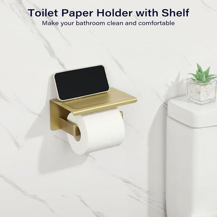 Alise Toilet Paper Holder,Bathroom Tissue Holder with Shelf,SUS304 Stainless Steel Toilet Paper Roll Holder Storage Dispenser,Self Adhesive or Wall Mount Drilling Paper Rack, Gold GYT5000-G