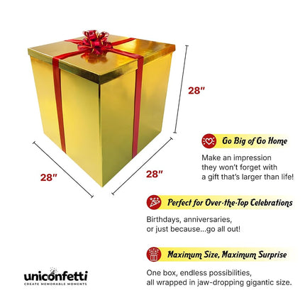 Giant Gift Box 28x28x28in JUMBO Extra Large Cardboard Decorative Box with Lid for Birthday Surprise, Pregnancy Announcement, Gender Reveal, Christmas Presents & Other Celebrations (Gold)