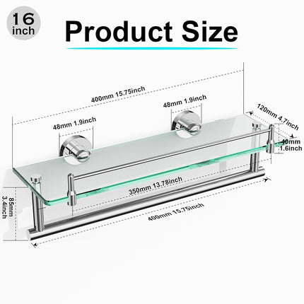 KOCOK 16-Inch Floating Tempered Glass Bathroom Shelf with Towel Bar - Chrome Polished & Stainless Steel, Wall Mount