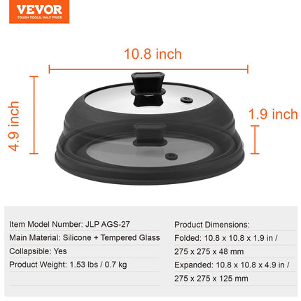 Cubierta y alfombrilla antisalpicaduras para microondas VEVOR, tapa de microondas plegable de 10.8" para alimentos, protector antisalpicaduras de silicona y vidrio templado resistente al calor de 500°F para platos, utensilio de cocina multiusos con asa
