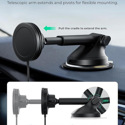 iOttie Velox Qi2 Mini 15W Wireless Charger Car Mount - Dash & Windshield Car Phone Holder - MagSafe Compatible iPhone Mount for Qi2 Smartphones (iPhone 12, 13, 14 and 15) - Car Charger Included