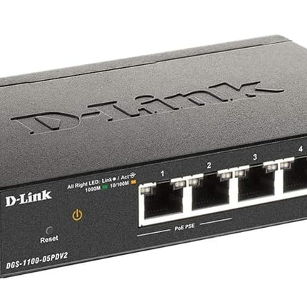 D-Link DGS-1100-05PDV2 - 5-Port Gigabit Smart Managed Switch with VLAN support, layer 2 features, QoS, 802.3az EEE, Fanless