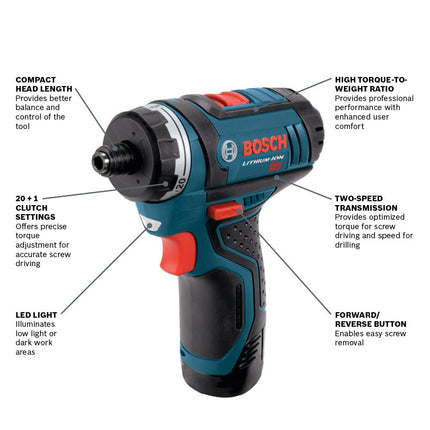 BOSCH PS21-2A 12V Max 2-Speed Pocket Driver Kit with (2) 2.0Ah Batteries