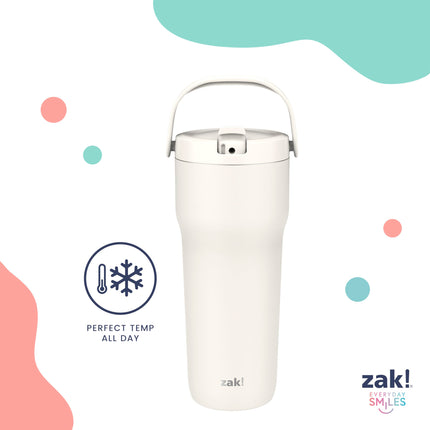 Zak Designs Sutton Travel Tumbler for On The Go, 30oz Stainless Steel with Vacuum Insulation, Straw Spout, Carry Handle for Cold Drinks (Cream White)