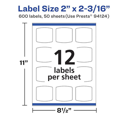 Avery Matte White Arched Square Labels with Sure Feed, 2" x 2-3/16", 600 White Labels, Print-to-The-Edge, Permanent Label Adhesive, Laser/Inkjet Printable Labels