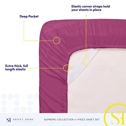 Sweet Home Collection Luxury Bedding Set with Flat, Fitted Sheet, 2 Pillow Cases, Microfiber, Berry, Queen