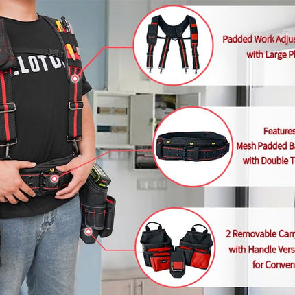MELOTOUGH Tool Belt with Suspenders Braces Pro Framer Combo System-Magnetic Tool Pouch Build Heavy Duty Carpenter Tool Belt and Multi Function Tool Belt Suspenders（Red)