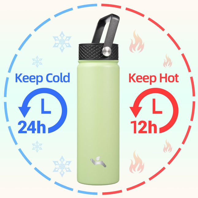 Konokyo Insulated Water Bottle with Straw,22oz 3 Lids Metal Bottles Stainless Steel Water Flask,Macaron Green