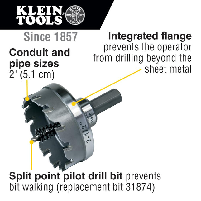 Klein Tools 31870 Heavy Duty Hole Cutter, 2-1/2-Inch Carbide Hole Cutter Cuts Stainless Steel, Mild Steel, Iron, and Copper